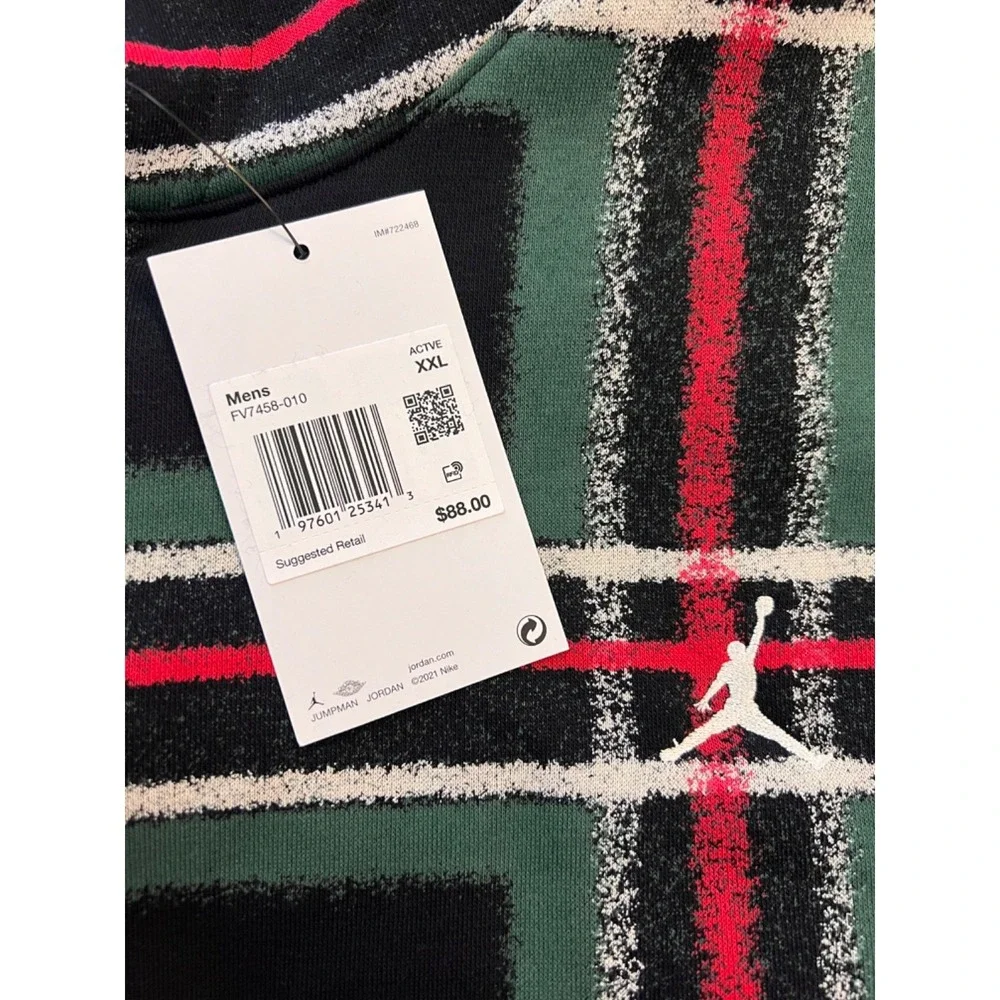 New NIKE Jordan‎ Essentials Green Red Plaid Fleece Pullover Hoodie Men's XXL